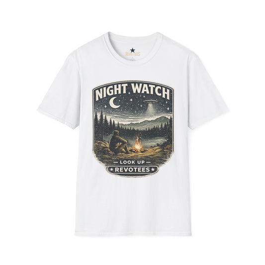 REVOTEES Night Watch T-Shirt — Vintage UFO Camping Graphic Tee ("Look Up")