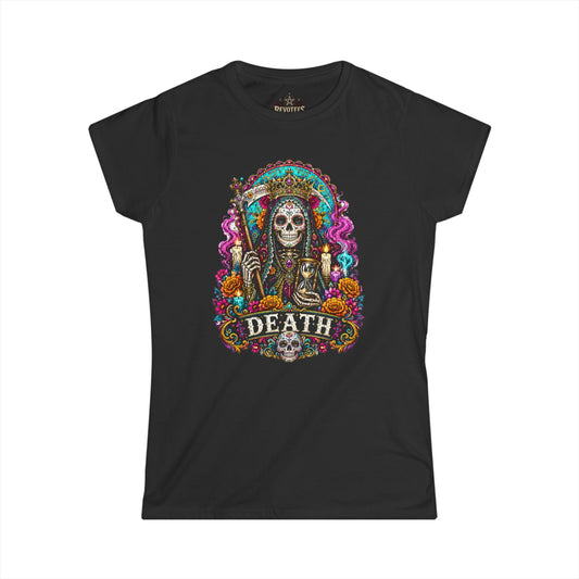 REVOTEES Day of the Dead "Death" Skull Tee — Women's Gothic Floral Graphic Shirt