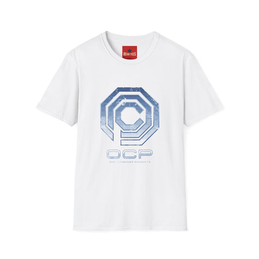 OCP Logo T‑Shirt — Retro Distressed Cyberpunk Company Tee