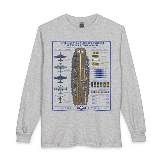 A light heather gray long-sleeve t-shirt with a detailed graphic print of the USS Valley Forge (CV-45) aircraft carrier on the front. The graphic features a blue border, a central illustration of the ship's flight deck and aircraft, and various technical details and insignia.