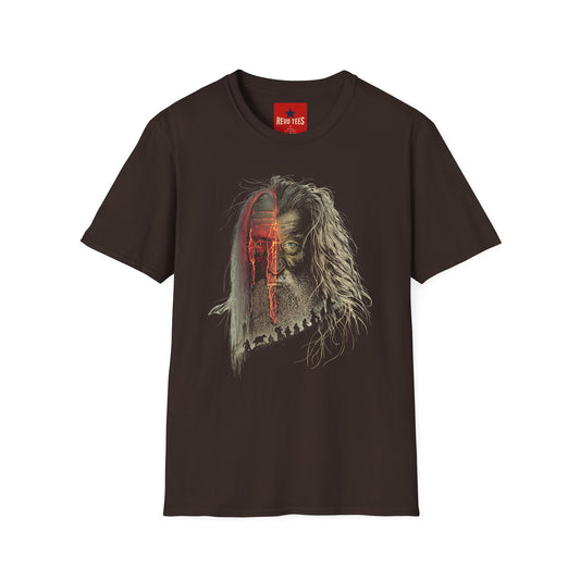 Horror Split-Face Skull T-Shirt — Creepy Half-Mask Skeleton Graphic Tee