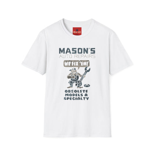 Mechanic Shop T‑Shirt — "Mason's Auto Repairs: We Fix 'Em" Vintage Garage Tee