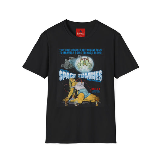 Space Zombies Retro Movie Poster T‑Shirt — Vintage Sci‑Fi Horror Tee (They Have Crossed the Void of Space to Harvest Some Teenage Blood)