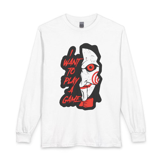 SAW - Horror Movie Long Sleeve Tee — "I Want to Play a Game" Jigsaw Puppet Graphic