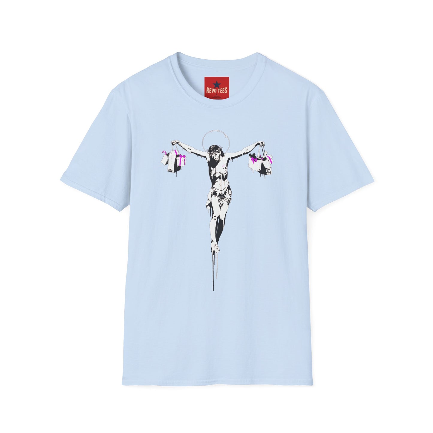 Banksy Crucifixion Balance Tee — Stenciled Jesus Holding Gift Bags Graphic T-Shirt