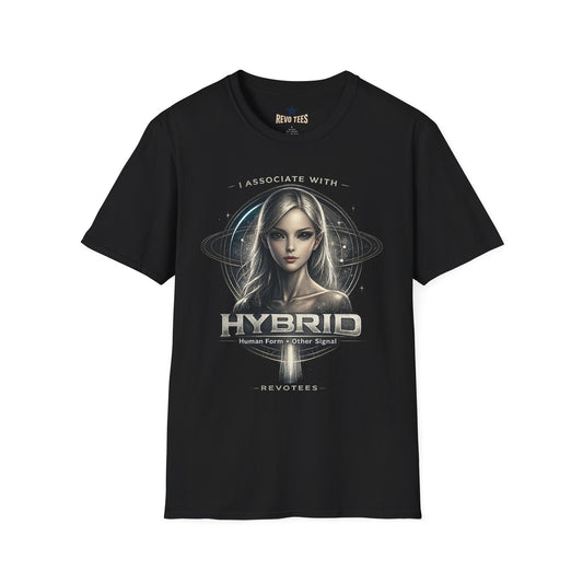 REVOTEES Hybrid Alien Graphic Tee — "I Associate With" Sci‑Fi Cosmic Portrait Shirt
