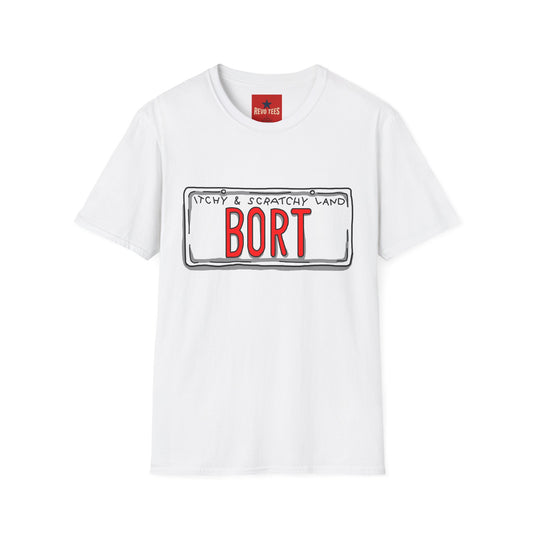 BORT License Plate T‑Shirt — 'Itchy & Scratchy Land' Retro TV Fan Tee