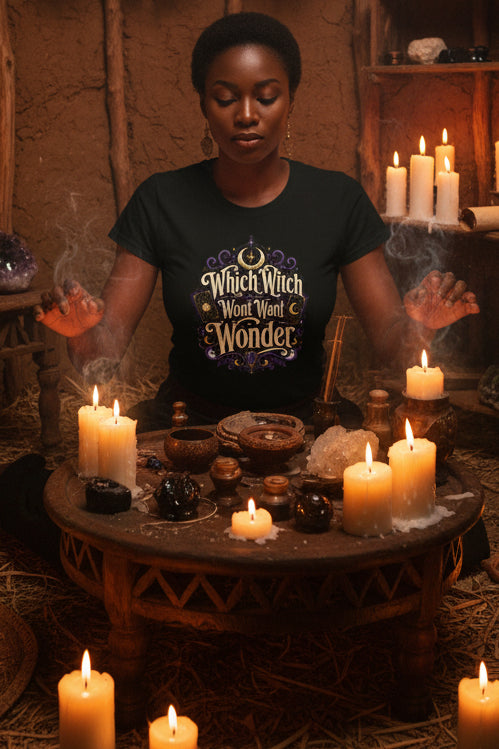 REVOTEES Women's Witchy Tee — "Which Witch Won't Want Wonder" Gothic Halloween Shirt
