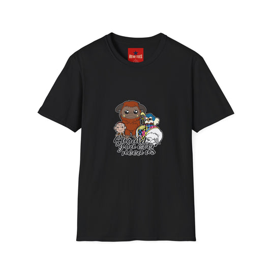 Cute Plush Creature T-Shirt — “Shoulder You Ever Need Us” Cartoon Group Tee