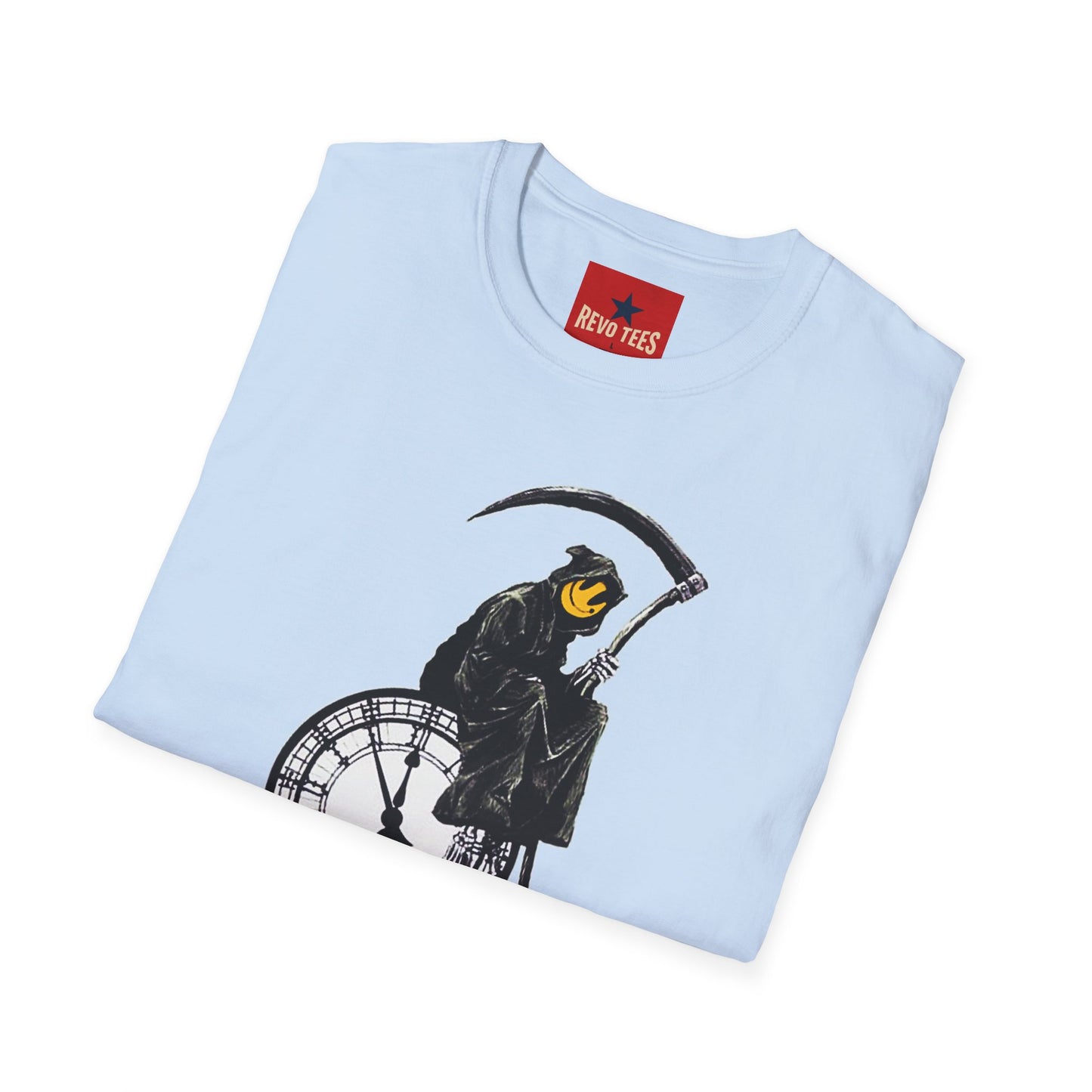 Banksy T‑Shirt — Grim Reaper Clock Graphic Tee (Smiley Mask)