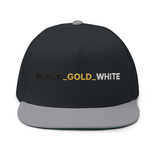 REVOTEES Embroidered Flat Bill Cap – BLACK_GOLD_WHITE Text with rear Gold Star