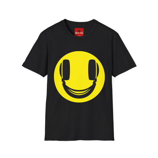 Smiley Face Headphones T-Shirt — Retro Music Lover Graphic Tee
