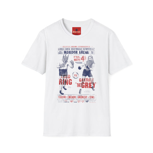 Mordor Arena Boxing Tee — 'Gandalf the Grey vs. Blood Ring' Vintage Middle-Earth Fight Poster T-Shirt