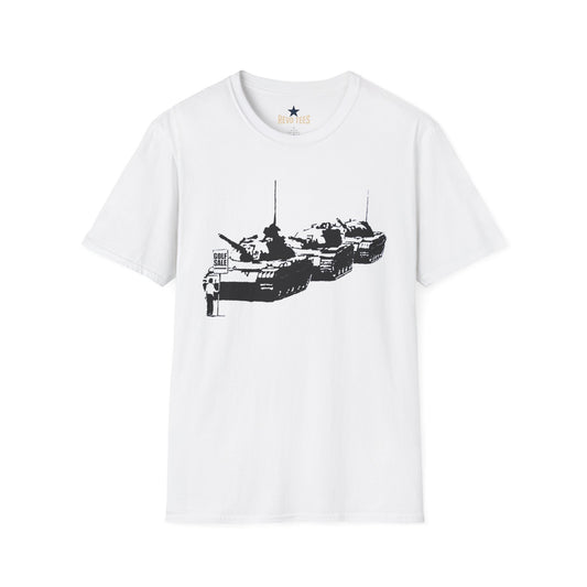Revotees Banksy Tank Lineup Graphic Stencil Military Tanks Design T-Shirt