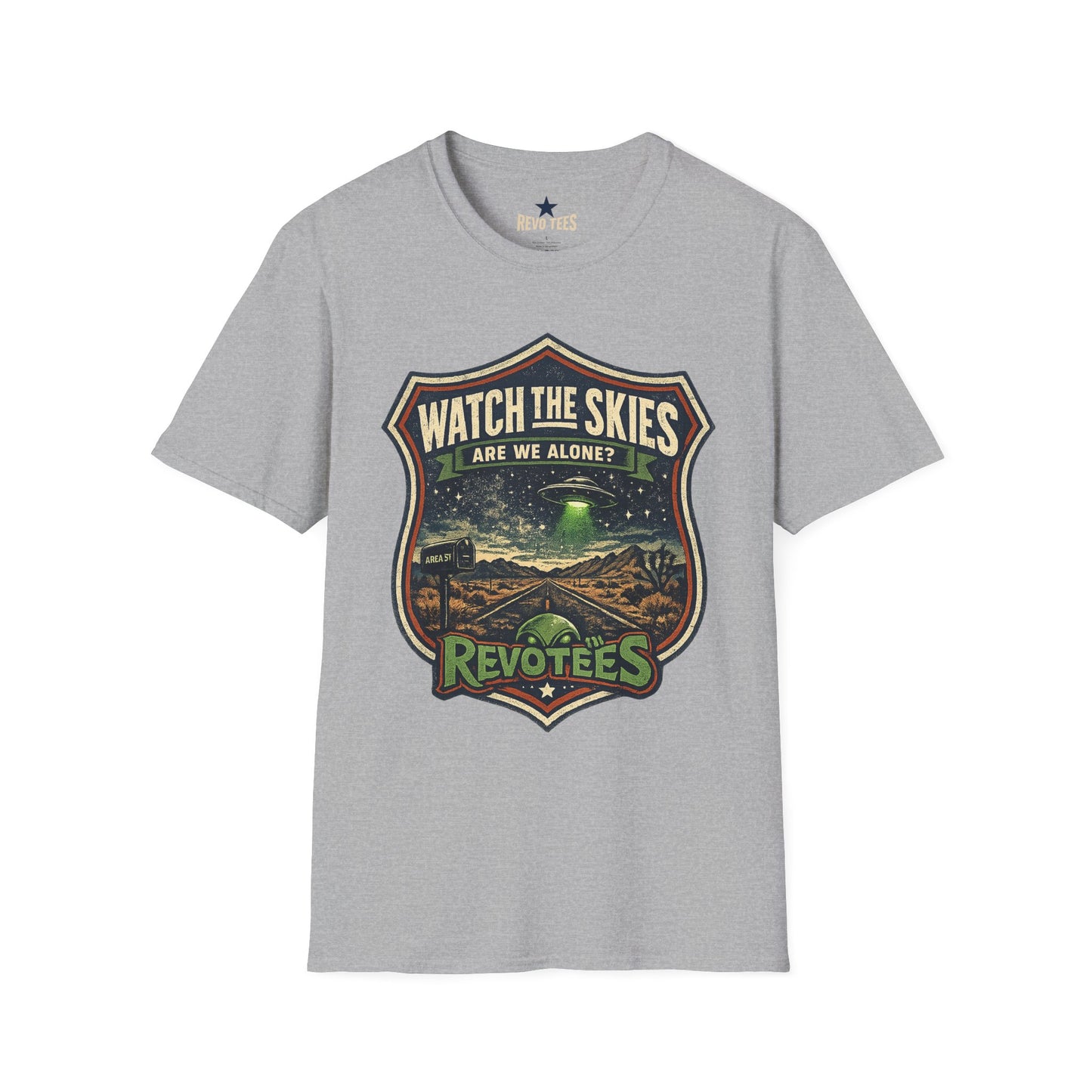 REVOTEES Watch the Skies T‑Shirt — “Are We Alone?” UFO Retro Graphic Tee