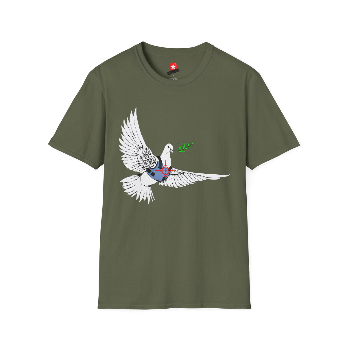 Revotees Banksys Dove of Peace Flying Dove with Olive Branch Earth Heart Graphic T-Shirt - alternate view 2