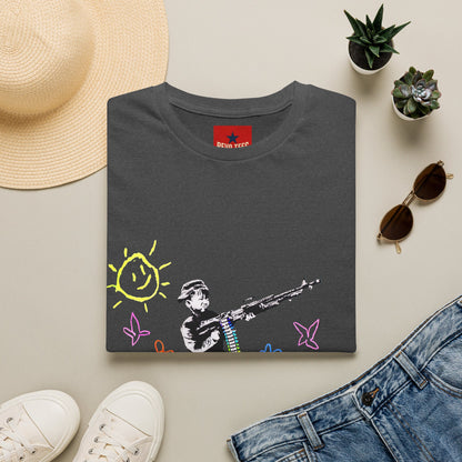T-Shirt — Banksy Style Soldier with Childlike Doodle Flowers