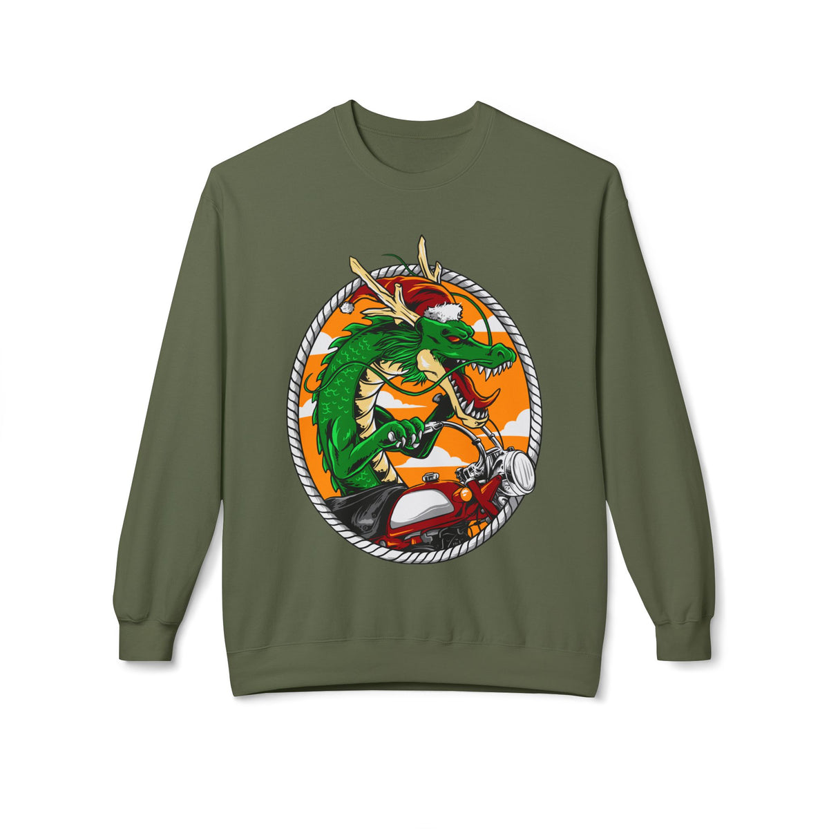 Dragon Santa Riding — Retro Green Dragon Surfing Crewneck Sweatshirt