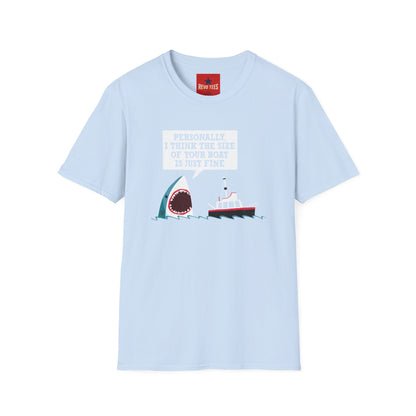 Shark Joke T-Shirt — "Personally, I Think the Size of Your Boat Is Just Fine" Graphic Tee