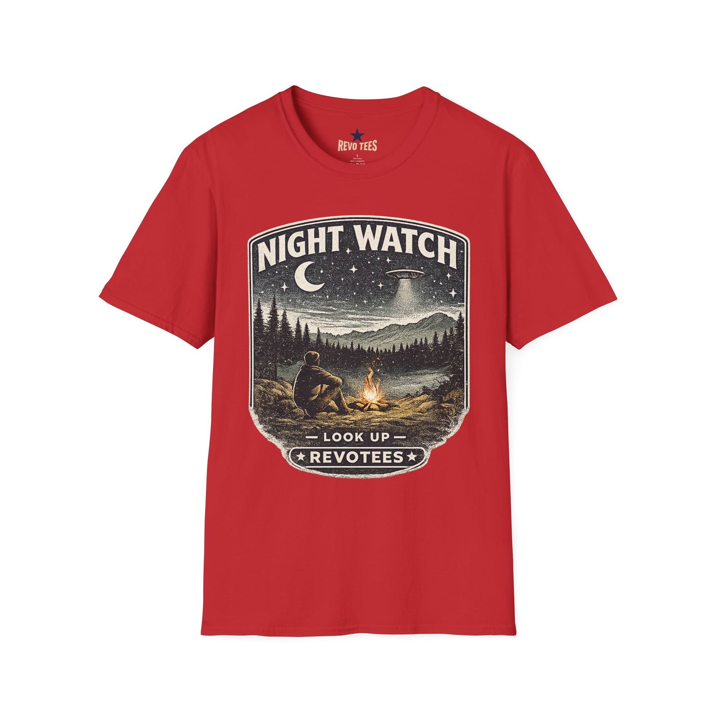 REVOTEES Night Watch T-Shirt — Vintage UFO Camping Graphic Tee ("Look Up")