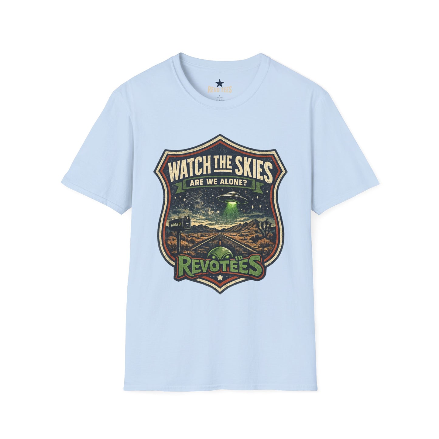 REVOTEES Watch the Skies T‑Shirt — “Are We Alone?” UFO Retro Graphic Tee