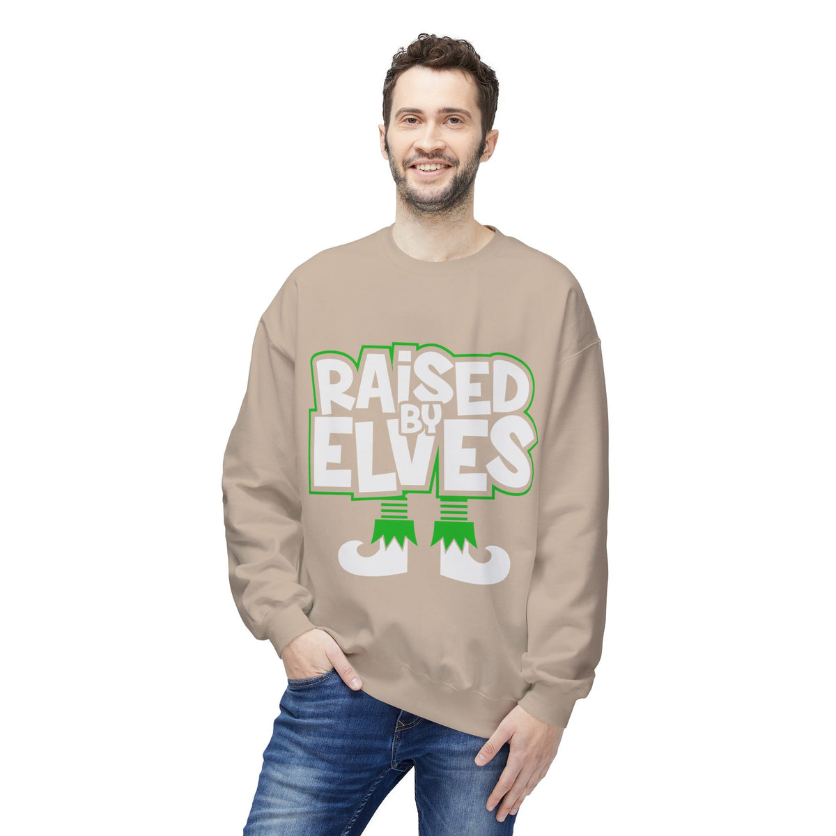 Raised by Elves Sweatshirt – Christmas Funny Holiday Crewneck