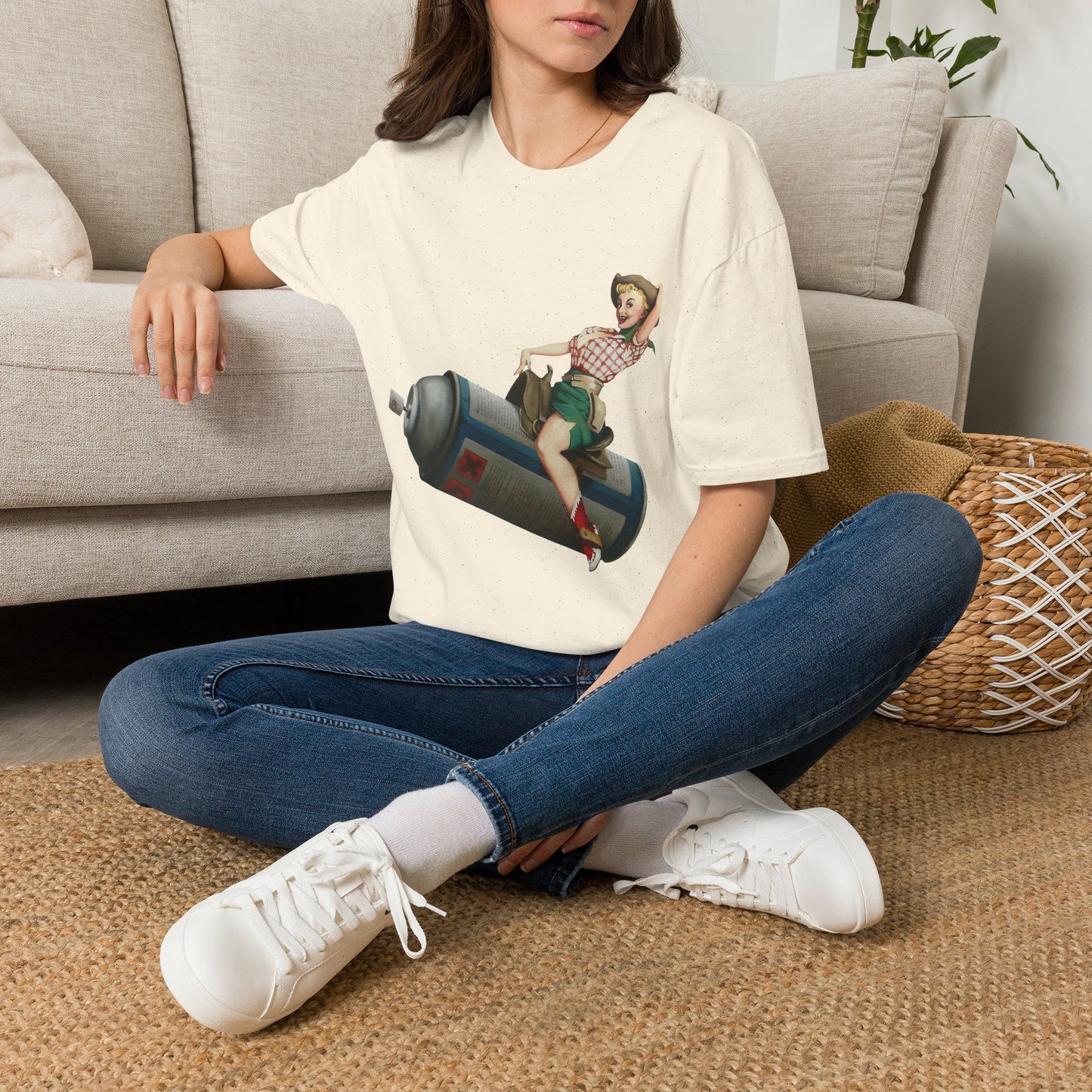 Banksy Pin-Up Cowgirl T-Shirt — Retro Pinup Girl Riding Soda Can Vintage Tee