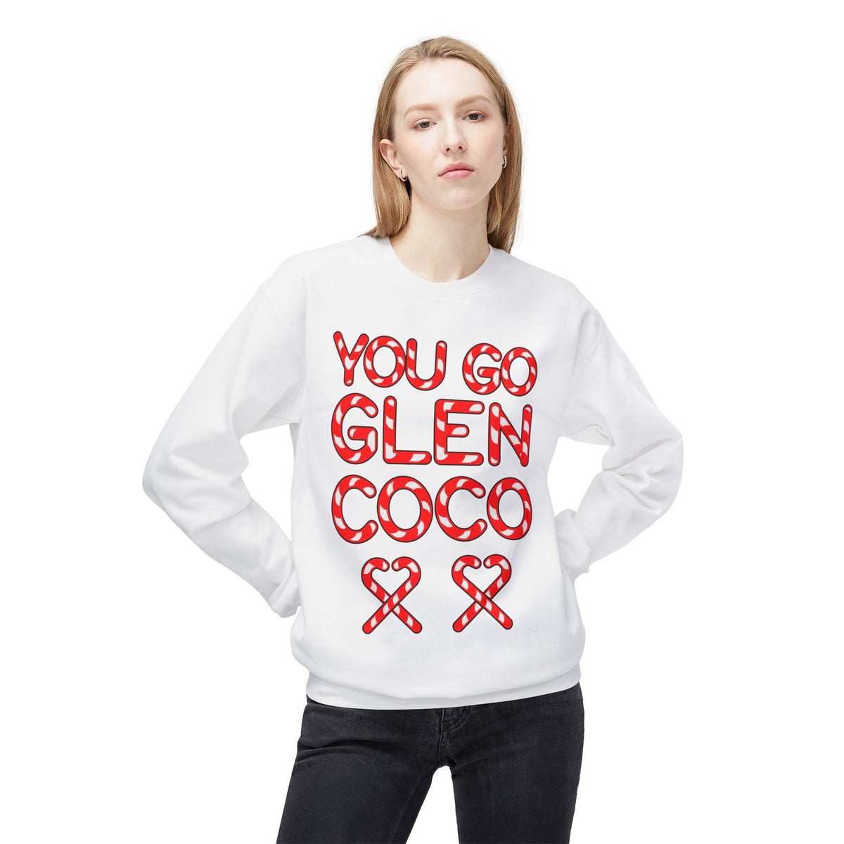 "You Go Glen Coco" Candy Cane Holiday Graphic Crewneck Sweatshirt