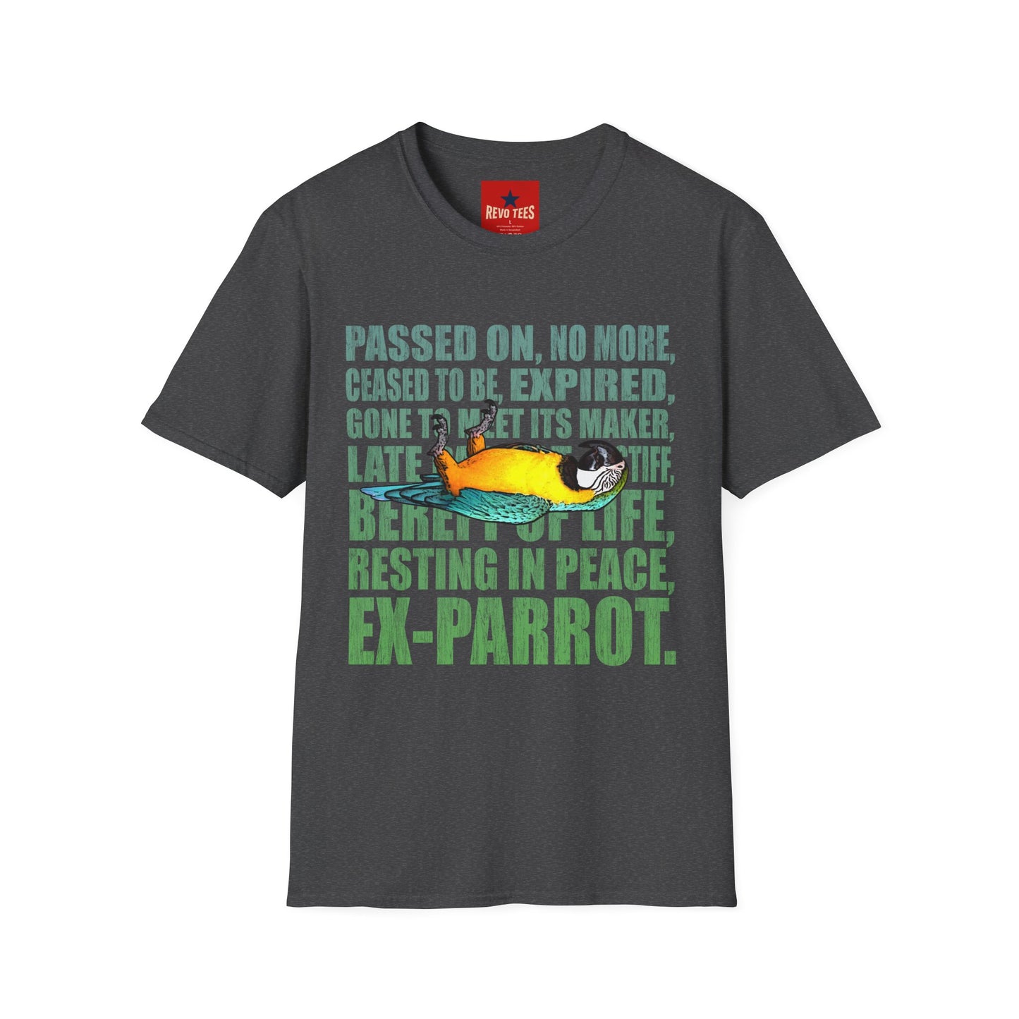 Ex-Parrot T-Shirt — Funny Parrot Memorial Tee (Passed On, Resting in Peace)