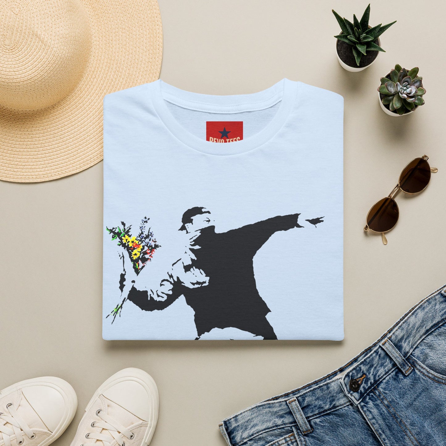 Banksy-Style Flower Bomber T-Shirt — Street Art Protest Graphic Tee