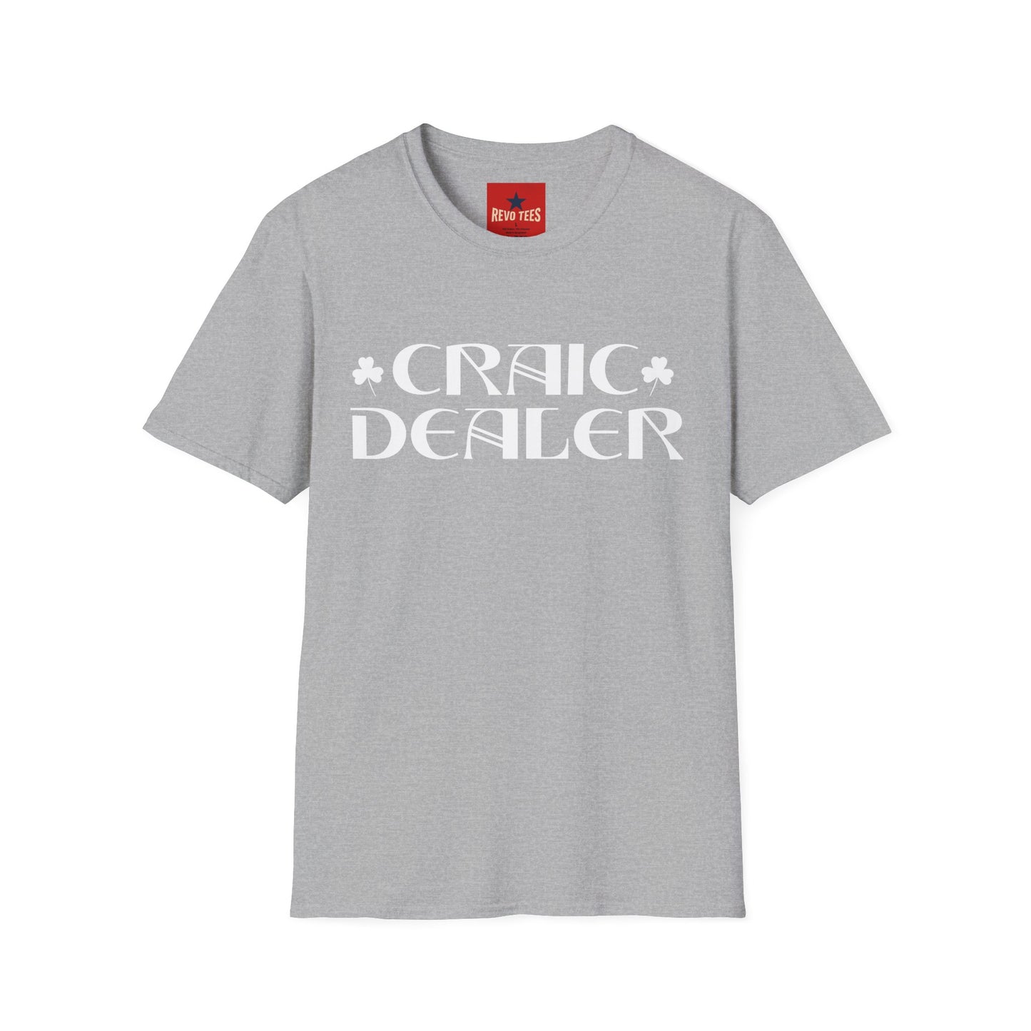 Craic Dealer T-Shirt — Irish Pub Humor Tee with Shamrock Design