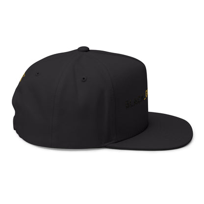 REVOTEES Embroidered Flat Bill Cap – BLACK_GOLD_WHITE Text with rear Gold Star