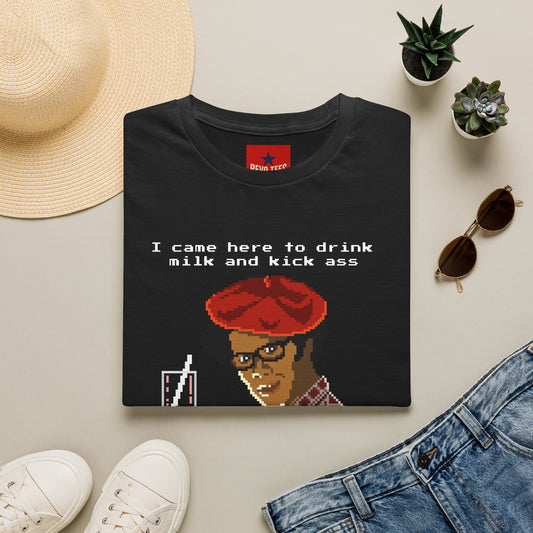 Graphic T‑Shirt — "I Came Here to Drink Milk and Kick Ass" Retro Pixel Design
