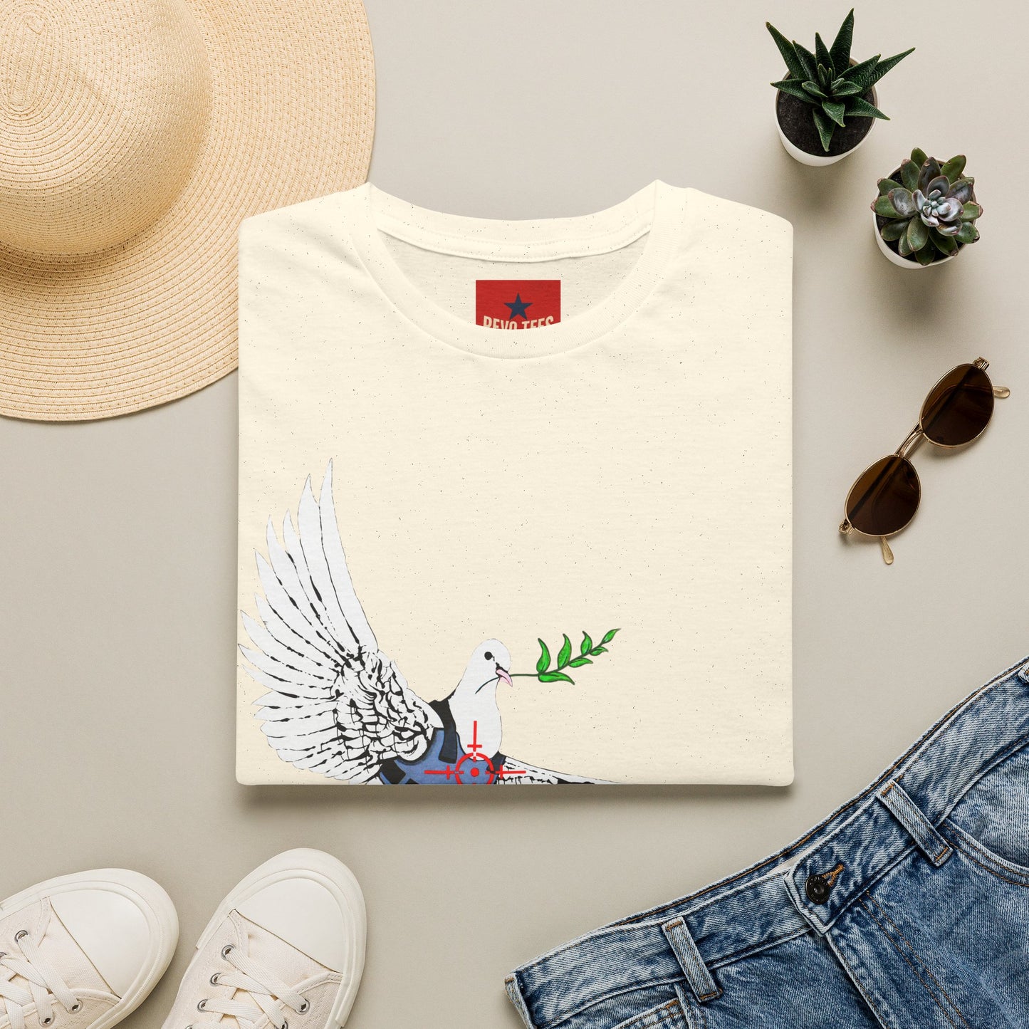 Banksy's Dove of Peace T‑Shirt — Flying Dove with Olive Branch & Earth Heart Graphic