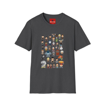 Cute Chibi Characters Crewneck T‑Shirt — Cartoon Character Grid Tee