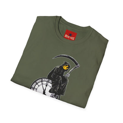 Banksy T‑Shirt — Grim Reaper Clock Graphic Tee (Smiley Mask)