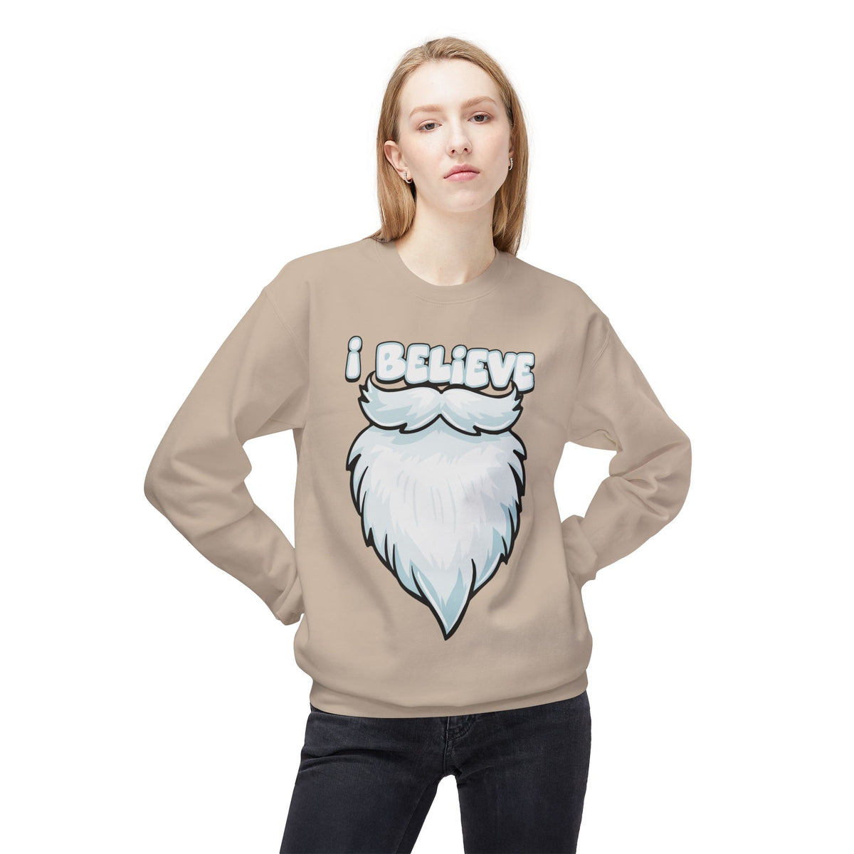 "I Believe" Santa Beard Holiday Crewneck Sweatshirt