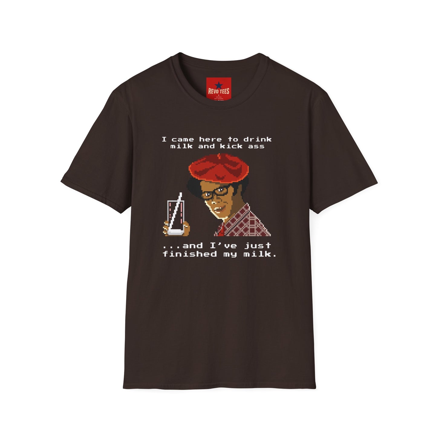 Graphic T‑Shirt — "I Came Here to Drink Milk and Kick Ass" Retro Pixel Design