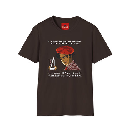Graphic T‑Shirt — "I Came Here to Drink Milk and Kick Ass" Retro Pixel Design