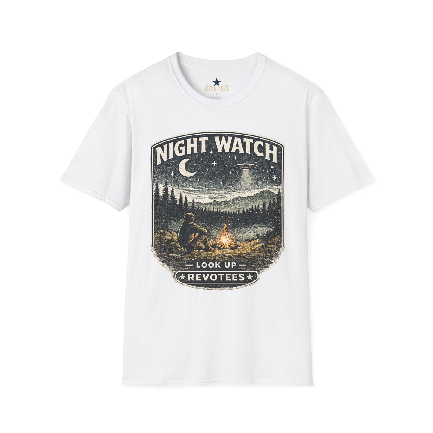REVOTEES Night Watch T-Shirt — Vintage UFO Camping Graphic Tee ("Look Up")