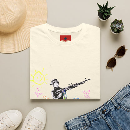 T-Shirt — Banksy Style Soldier with Childlike Doodle Flowers