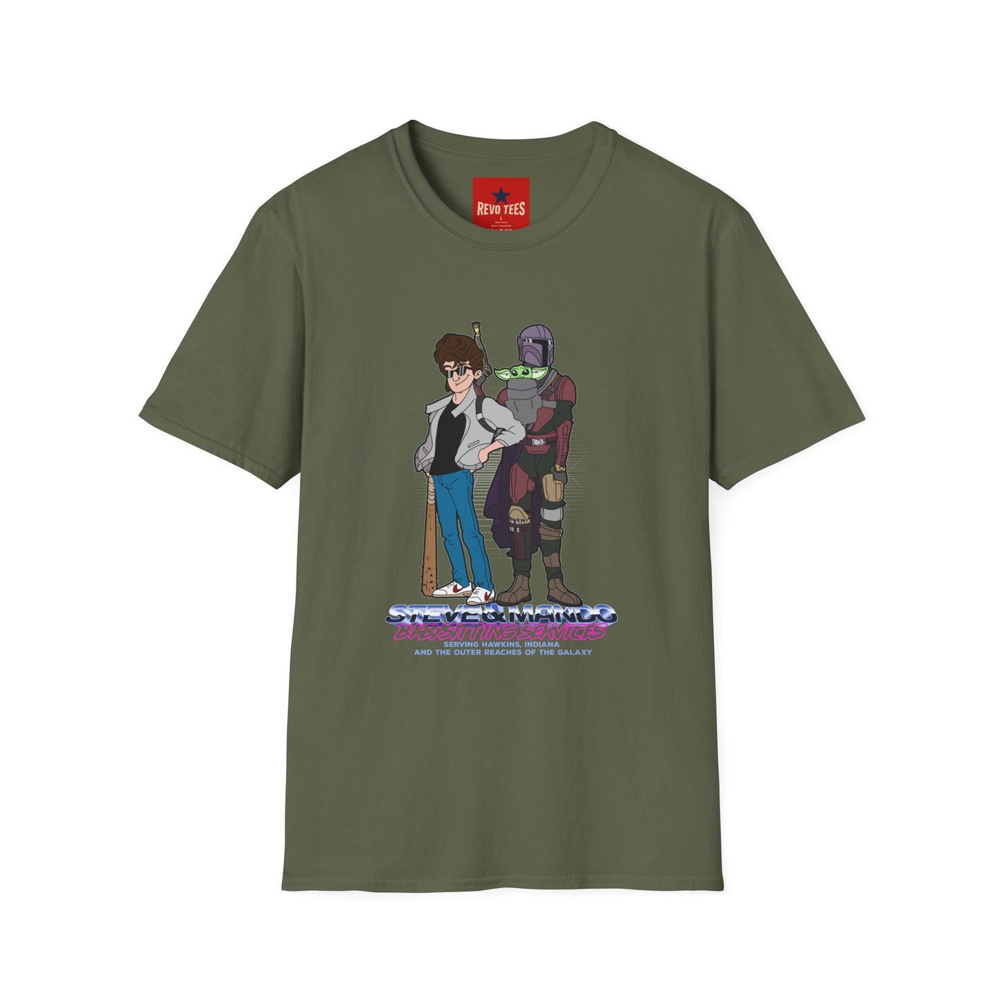 Retro Space Duo T‑Shirt — Cartoon Bounty Hunter & Kid Graphic Tee