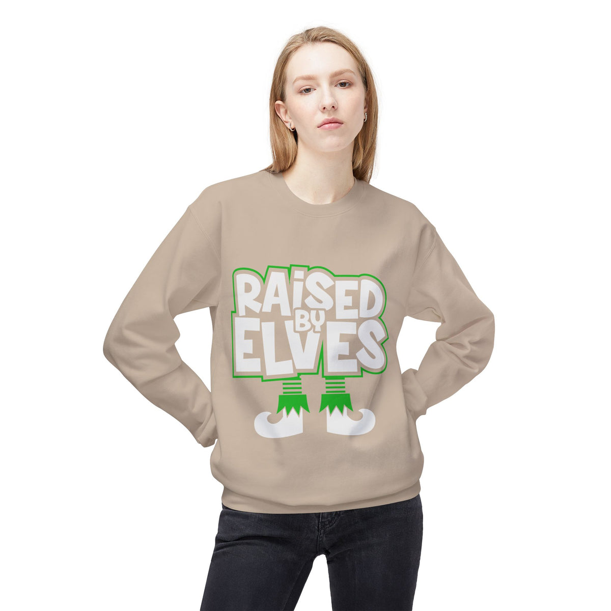 Raised by Elves Sweatshirt – Christmas Funny Holiday Crewneck