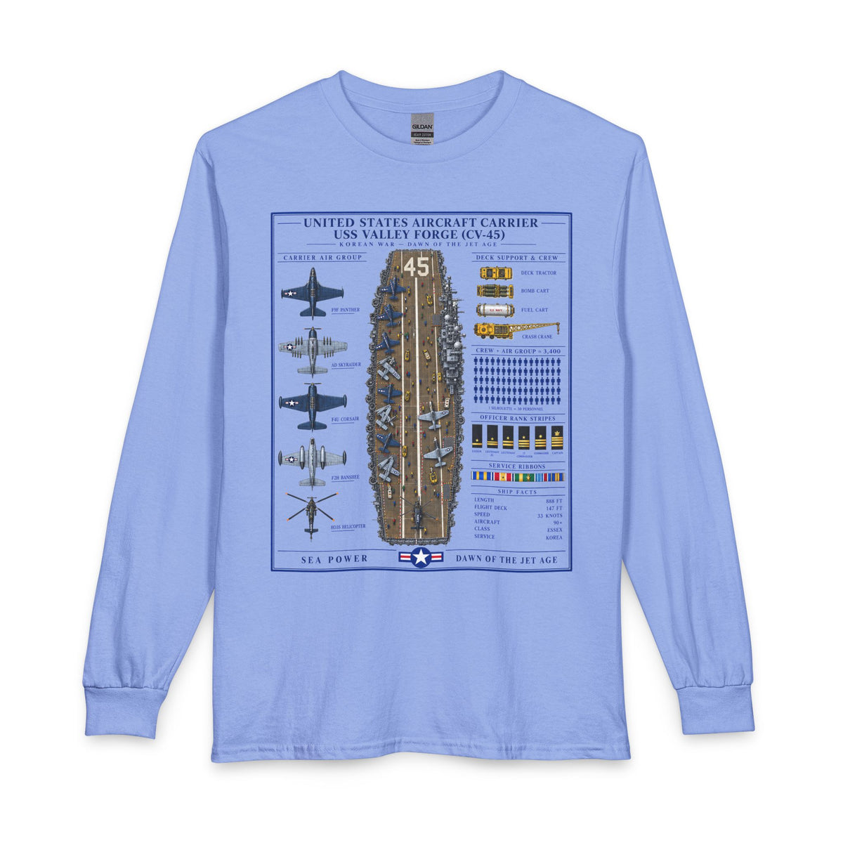 A light blue long-sleeve t-shirt with a detailed graphic print of the USS Valley Forge (CV-45) aircraft carrier deck and surrounding naval history details, shown on a plain white background.