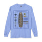 A light blue long-sleeve t-shirt with a detailed graphic print of the USS Valley Forge (CV-45) aircraft carrier deck and surrounding naval history details, shown on a plain white background.