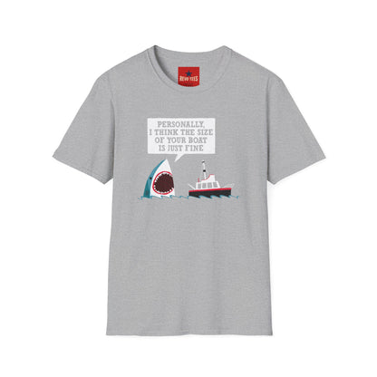 Shark Joke T-Shirt — "Personally, I Think the Size of Your Boat Is Just Fine" Graphic Tee