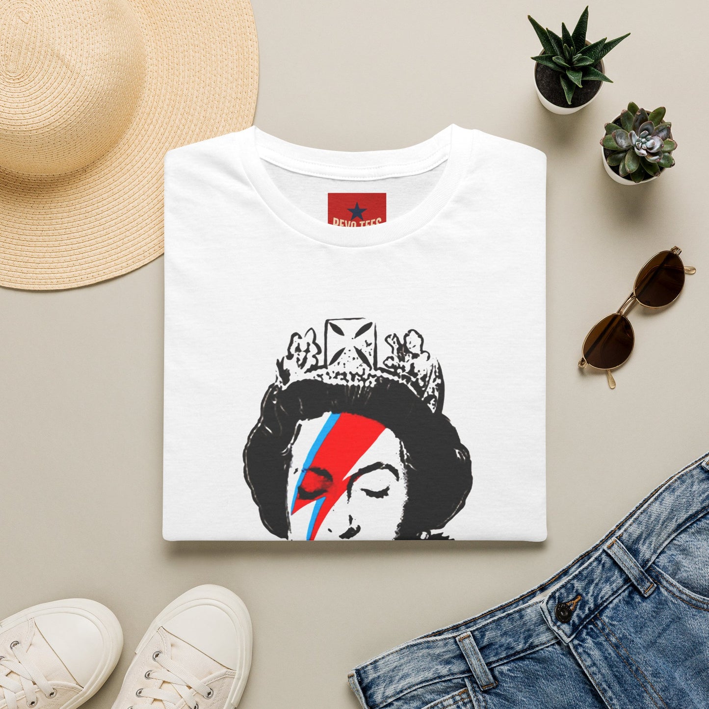 Banksy, Queen with Lightning Bolt T-Shirt — Retro Bowie-Inspired Portrait Tee