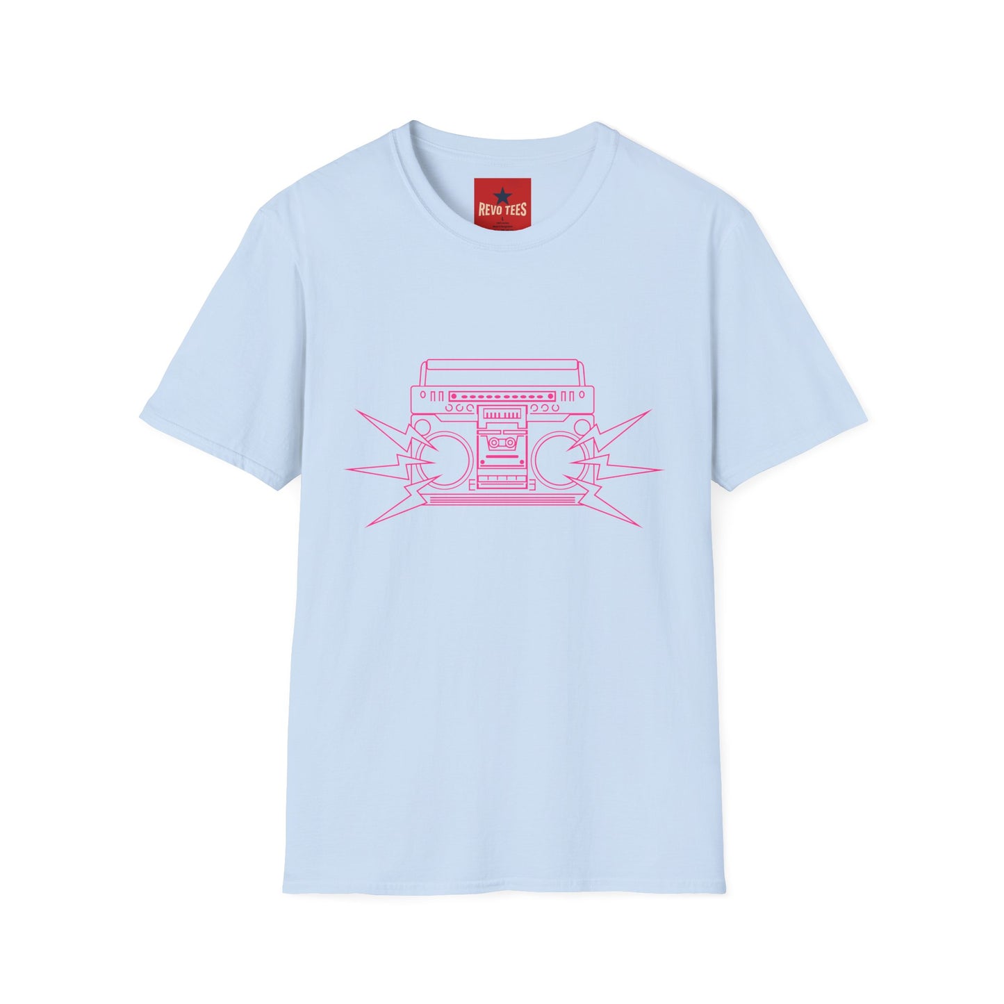 Retro Boombox Tee — Pink Line Art Vintage Radio Graphic T-Shirt