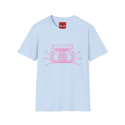 Retro Boombox Tee — Pink Line Art Vintage Radio Graphic T-Shirt