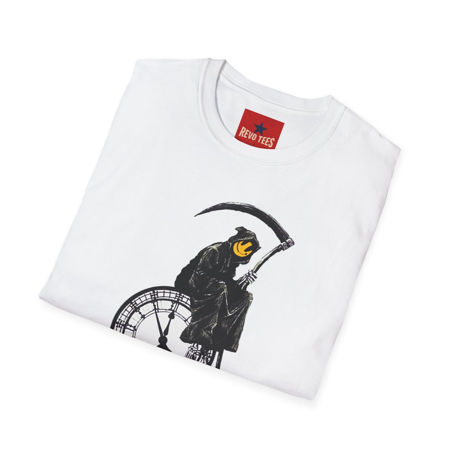 Banksy T‑Shirt — Grim Reaper Clock Graphic Tee (Smiley Mask)